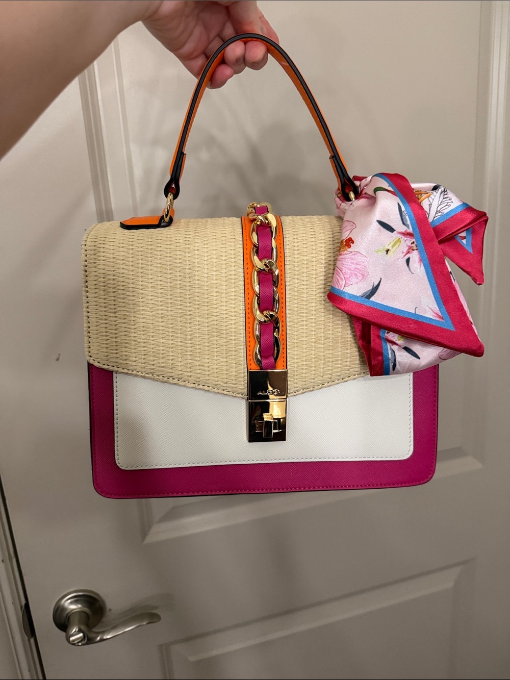 Aldo Pink, White and Natural Straw Top Crossbody Satchel with Scarf